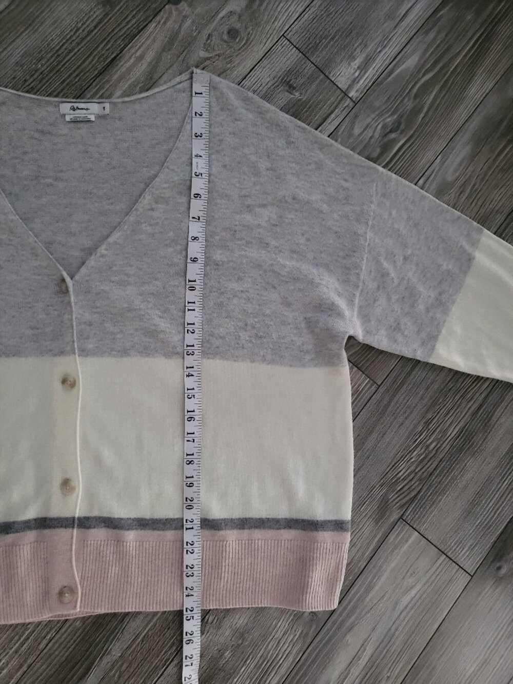 Cashmere Blend Colorblock V-Neck Cardigan Grey Cream 2X - Picture 6 of 8